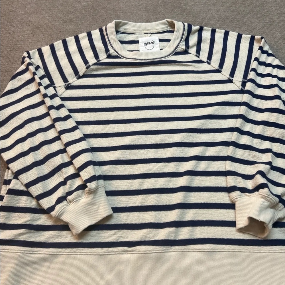 aerie Navy and Cream Striped Crewneck Sweatshirt